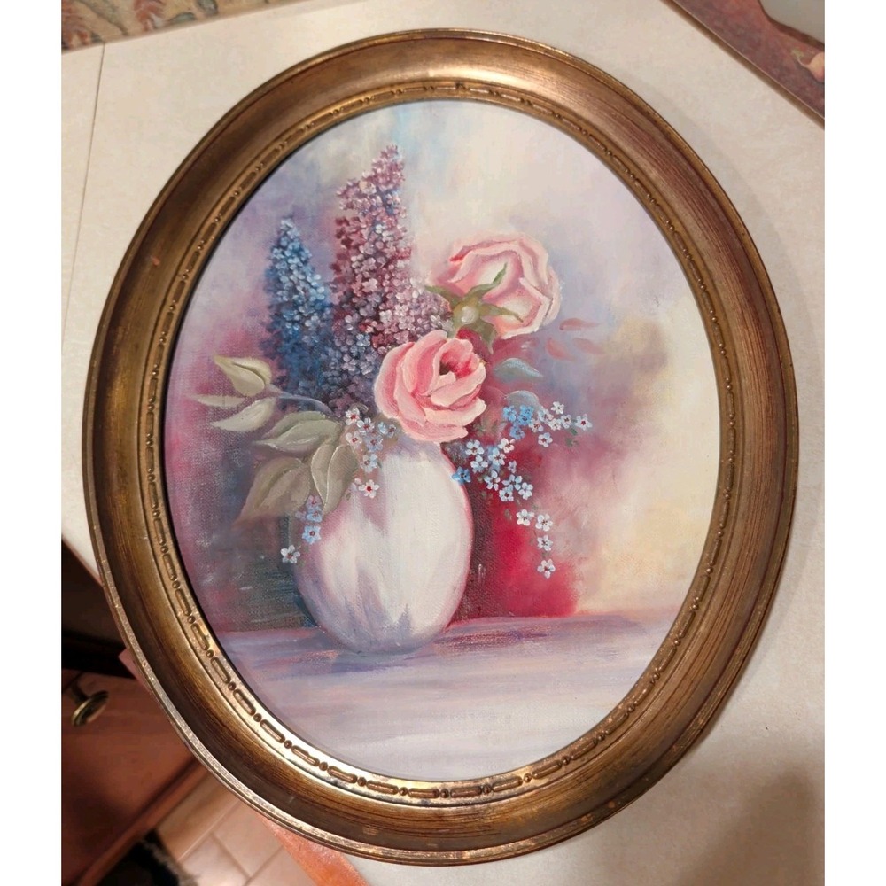 Vintage Still Life Floral Hand Painted Painting In Oval Frame 15.75" X 12.5"
